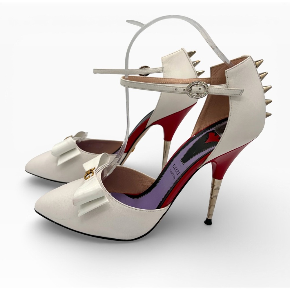 GUCCI Sadie *RARE* 2018 Studded‎ Sz 38.5 White Leather Bow Heels Pumps 8.5